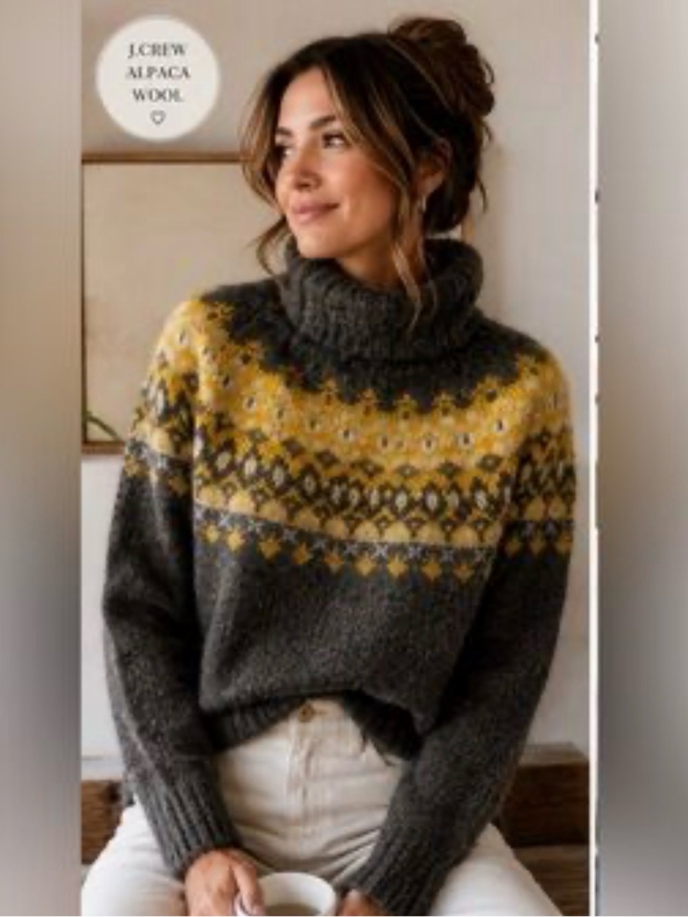 Banana Republic Alpaca Wool Fair Isle Mock Neck Sweater Gray Yellow Size S